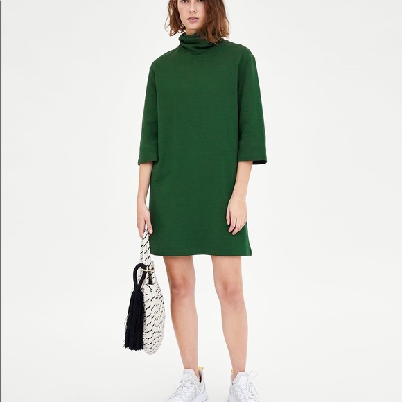 zara green turtleneck dress ZARA Forest Green Turtleneck Dress with 3/4 Sleeve- Size M